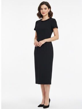 Vintage Patrick Collection Elegant Black Short Sleeve Beaded Neckline Midi Dress